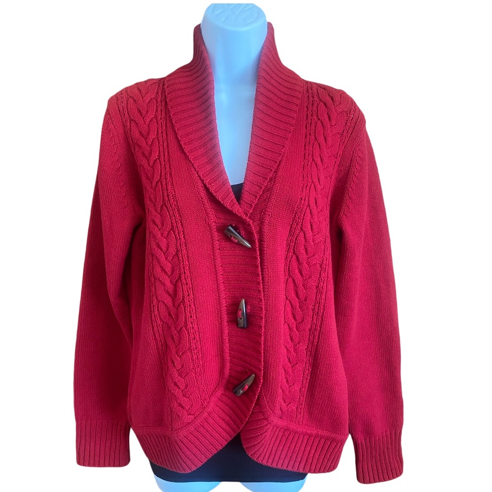 G.H. Bass & Company Cable Knit Toggle Button Long Sleeve Red Cardigan, Medium